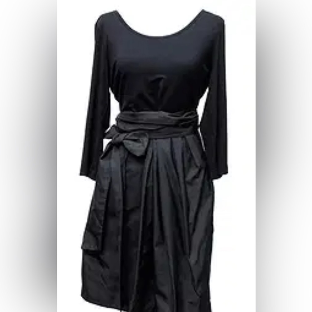 Vintage DKNY Black Taffeta Belted Pockets 1950s Rockabilly 90s Knit Dress Size S